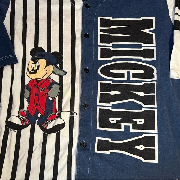 Vintage Mickey Mouse Baseball Style Shirt Disney Large Button Down Blue & White - Picture 2 of 9